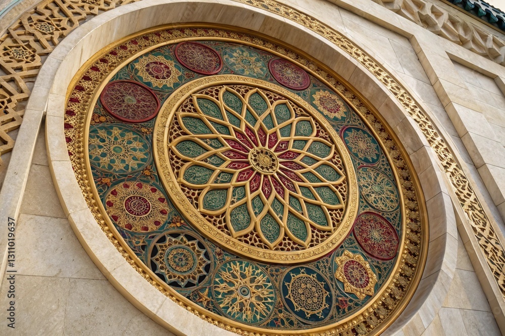 Fototapeta premium Beautifully designed circular frame adorned with colorful flowers and golden details, perfect for creating a luxurious, decorative background