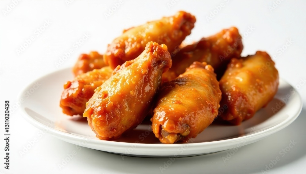 Crispy, saucy chicken wings on a pristine white background, tasty, lunch, recipe Crispy, saucy chicken wings on a pristine white background, tasty, lunch, recipe