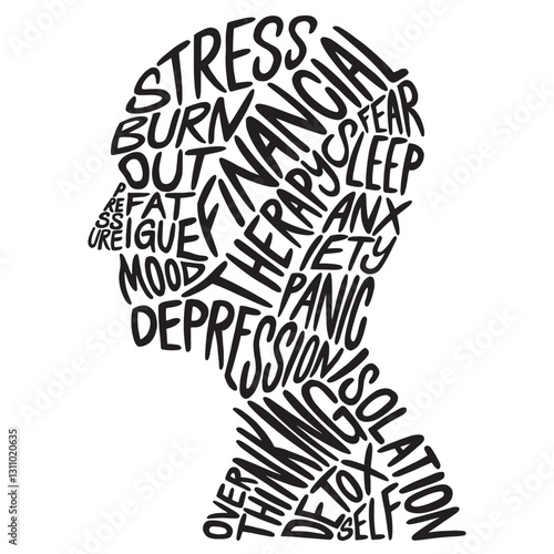 Mental Health words lettering in head concept. Health awareness concept art. Vector Lettering design illustration for web, media, other graphic design use