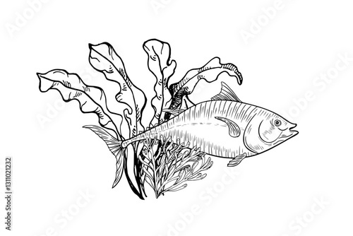 Tuna fish, seaweed and coral engraving vector. Marine life monochrome drawing. Yellowfin tuna black white ocean Illustration for coloring, wall decor, stationery, and packaging underwater themed.