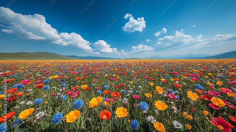 Fototapeta premium A lush field of wildflowers blooming under a bright and cloudless blue sky
