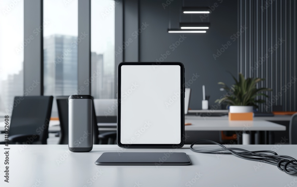 Desk with a portable charger and cables, in an empty office with a tablet, supporting mobility in a business setting Desk with a portable charger and cables, in an empty office with a tablet, supporting mobility in a business setting