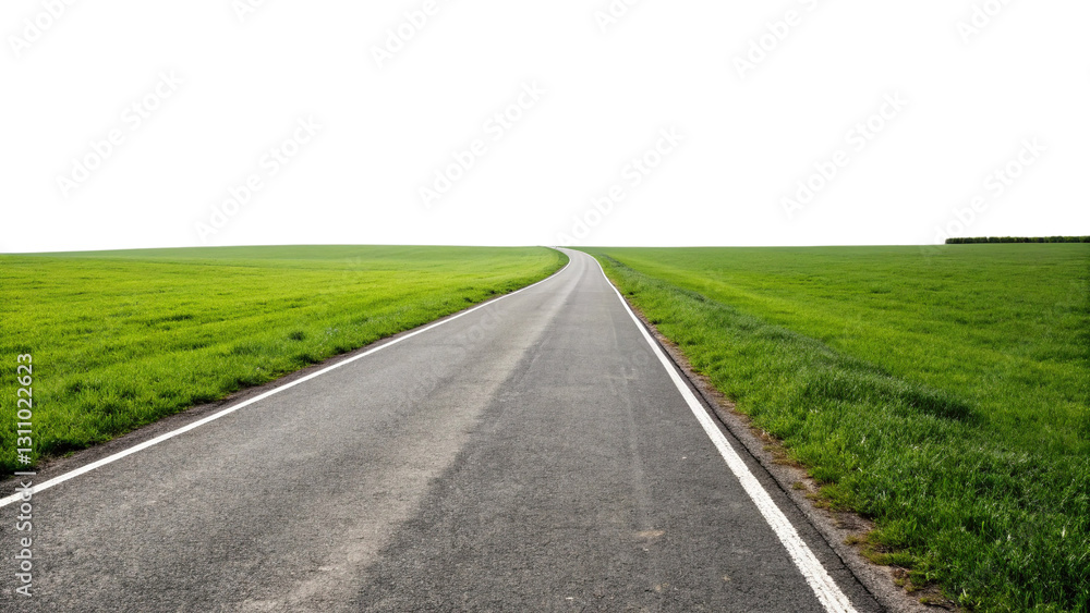 Empty asphalt road going through green grass field isolated on a transparent background Empty asphalt road going through green grass field isolated on a transparent background