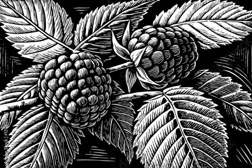 raspberry with leaves black and white hand drawn sketch