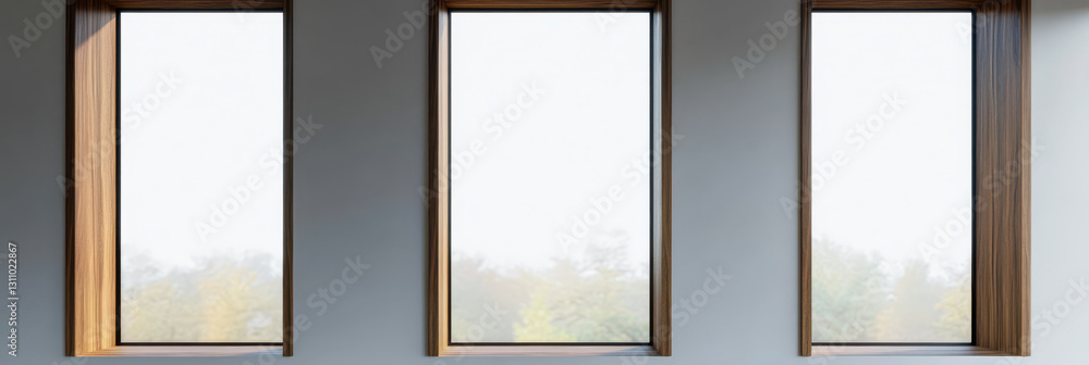 Modern architecture featuring three large windows with wooden frames showing a serene landscape