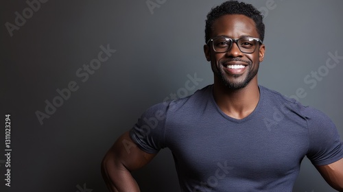 photo of a sport fitness man standing and smiling on a gray background, studi...