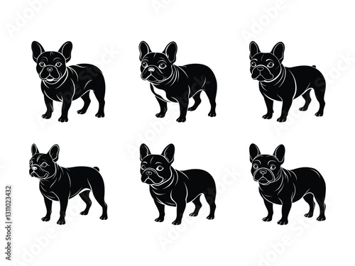 French bulldog dog silhouettes isolated on white background in various postures