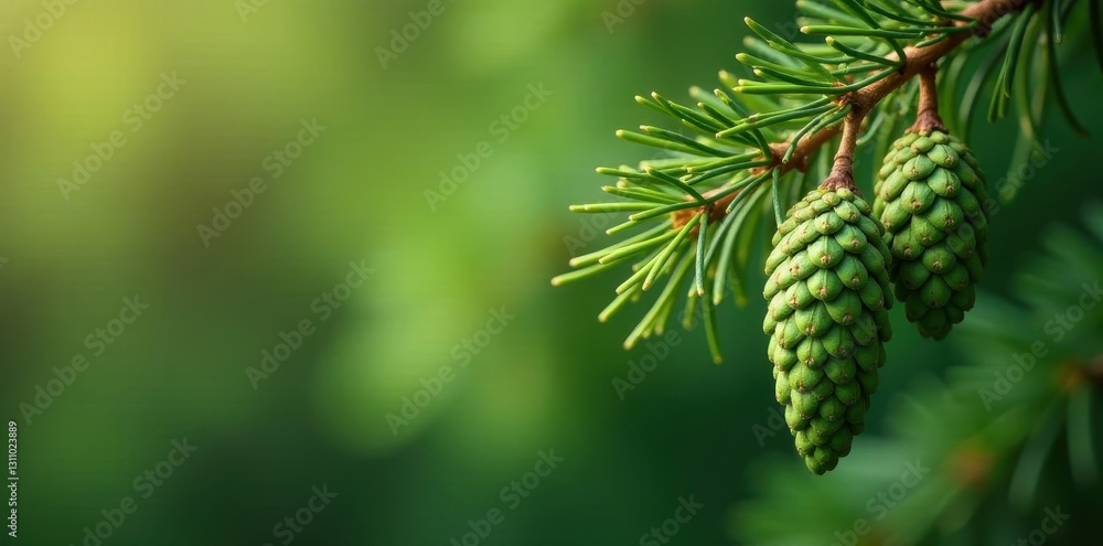 Green pine cones hanging from a pine tree bough , vertical, cones, texture Green pine cones hanging from a pine tree bough , vertical, cones, texture
