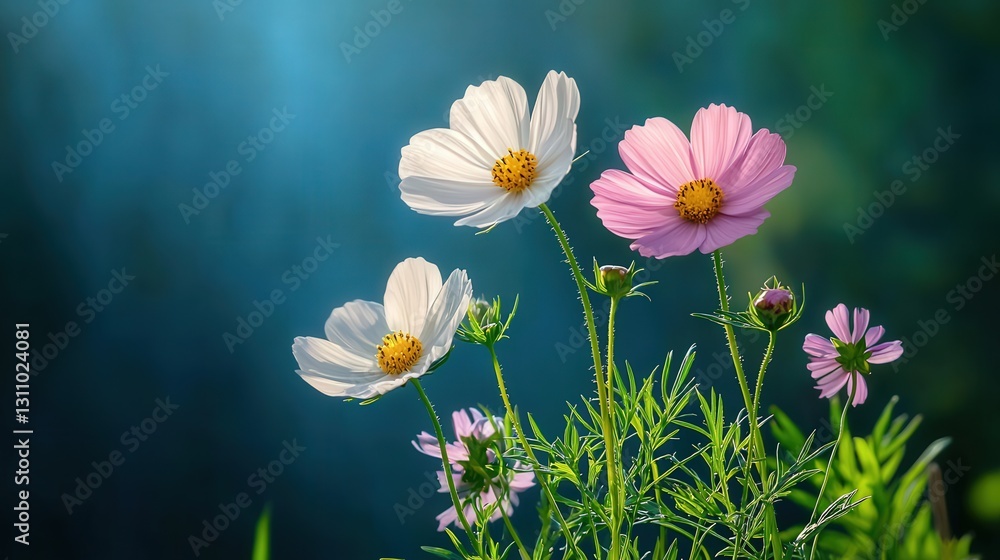 Three cosmos flowers, white and pink, backlit, garden.