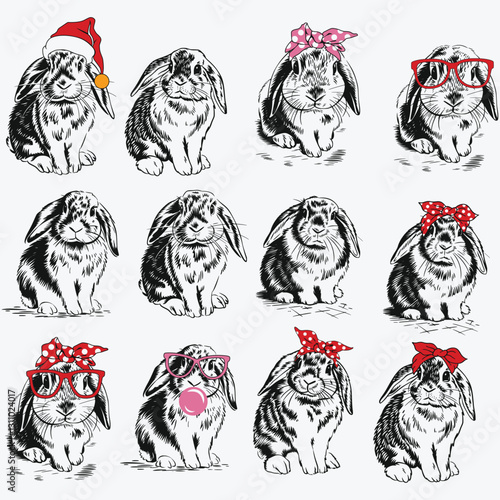 Mini Lop Rabbit Svg , Cute Bunny Rabbit With Bandana Glasses Bubblegum, Bunny with Heart Glasses svg, Rabbit Bandana Glasses Bubblegum svg 