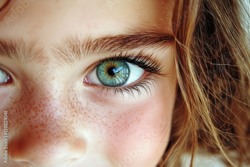 Detailed Macro Close Up Portrait Beautiful Green Blue Eye Young Caucasian Girl Kid Freckles Blonde Hair Innocence Beauty Vision