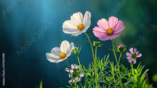 Obraz na płótnie Three cosmos flowers, white and pink, backlit, garden. w salonie