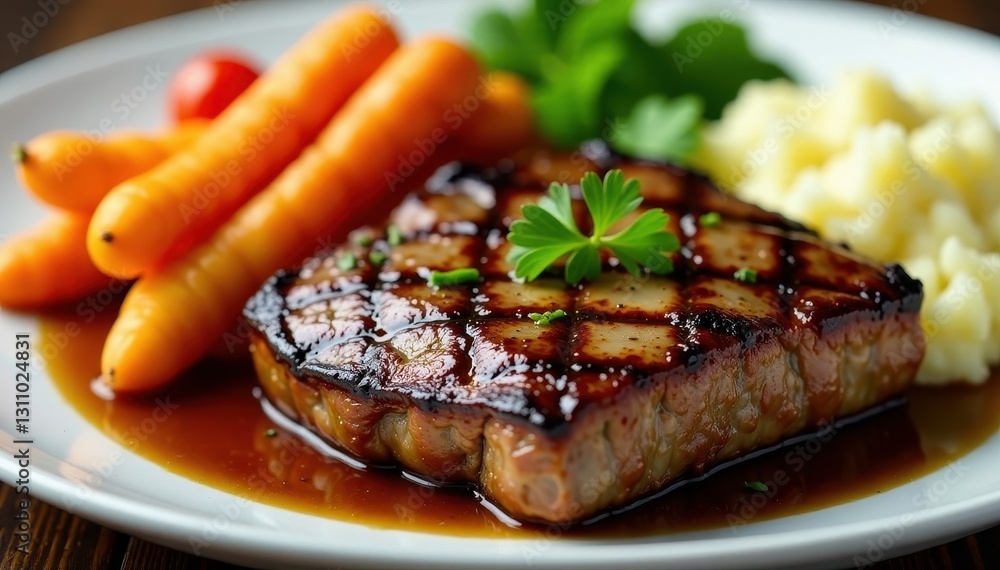 Juicy grilled steak, roasted vegetables, creamy mashed potatoes, plate, rustic Juicy grilled steak, roasted vegetables, creamy mashed potatoes, plate, rustic