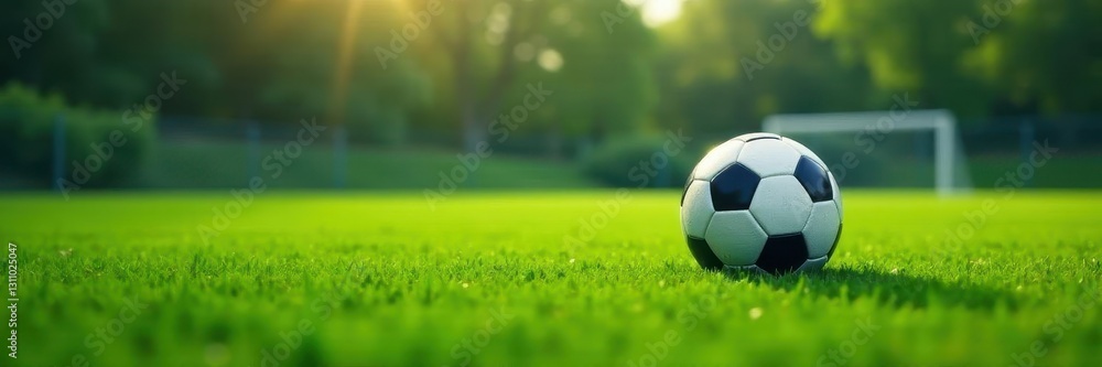 Lone soccer ball rests on lush green football field Ample space , play, sport Lone soccer ball rests on lush green football field Ample space , play, sport