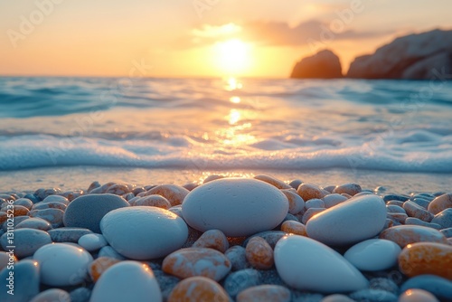 Coastal Serenity: A breathtaking shot captures the serene beauty of a shoreline, with a multitude of smooth, colorful pebbles in the foreground giving way to the foamy embrace of the ocean.