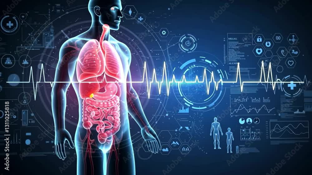 Human body illustration with internal organs and medical data, showcasing health monitoring and analysis Human body illustration with internal organs and medical data, showcasing health monitoring and analysis