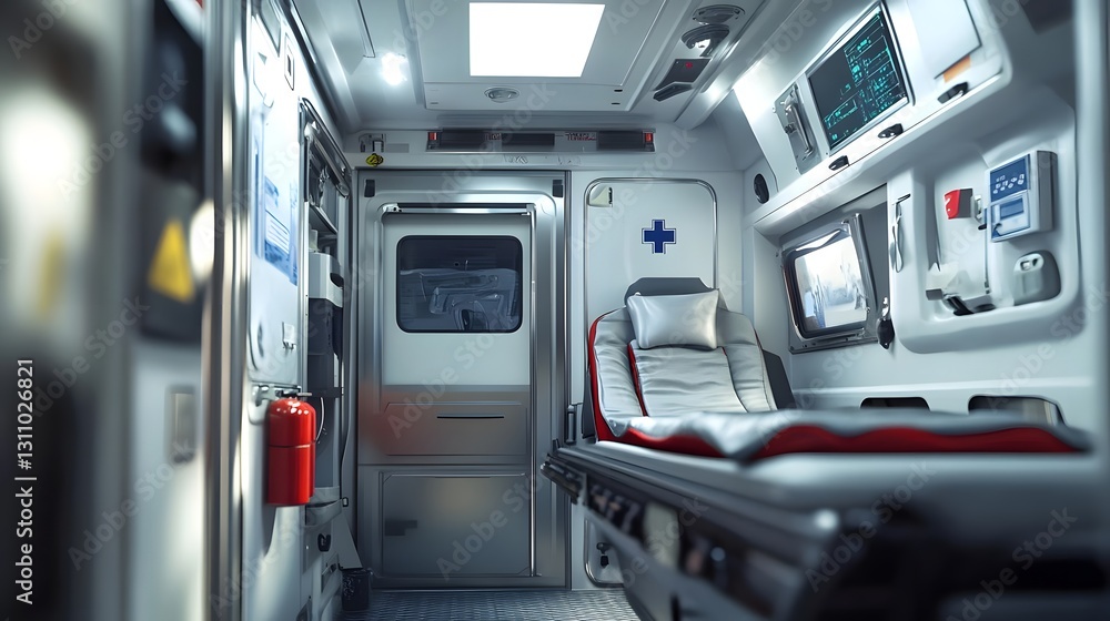 Interior of a modern ambulance showcasing medical equipment and stretcher in a clean environment Interior of a modern ambulance showcasing medical equipment and stretcher in a clean environment