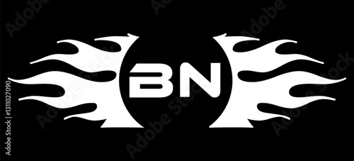 Futuristic abstract Logo with Fiery Flame Motif and Geometric 'BN' Emblem, Black and White Artwork