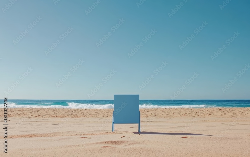 Blue beach chair on sand, with waves and a clear sky, cool in a summer coastal color moment Blue beach chair on sand, with waves and a clear sky, cool in a summer coastal color moment