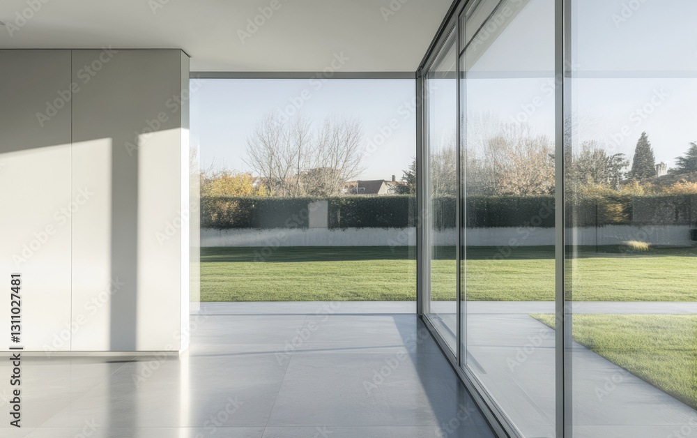 Fototapeta premium Modern architectural interior showcasing a bright open space with expansive glass walls