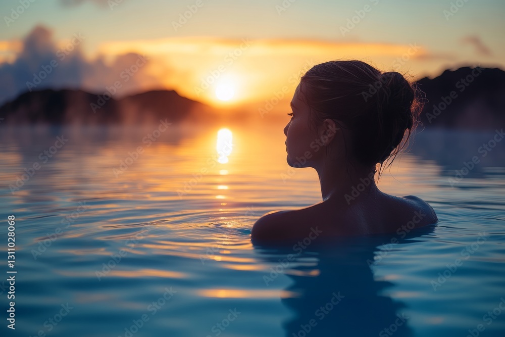 Women immerse themselves in the hot springs of Iceland's famous Blue Lagoon, enjoying a relaxing and healing experience Women immerse themselves in the hot springs of Iceland's famous Blue Lagoon, enjoying a relaxing and healing experience