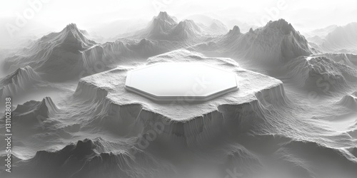 Ethereal Platform in a Misty Landscape: A minimalist, futuristic platform rises from a surreal, misty mountain landscape, exuding a sense of mystery and technological innovation. photo