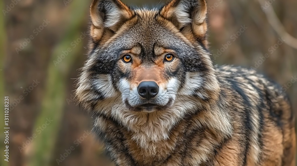 Fototapeta premium Majestic wolf stares, forest habitat