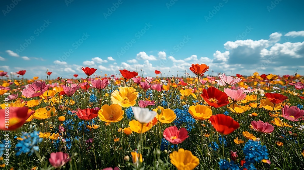 Fototapeta premium A vibrant meadow in full bloom with wildflowers beneath a clear and sunny blue sky