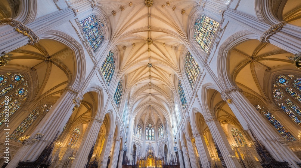 Obraz premium A grand cathedral's interior with soaring arches and intricate stained glass windows.