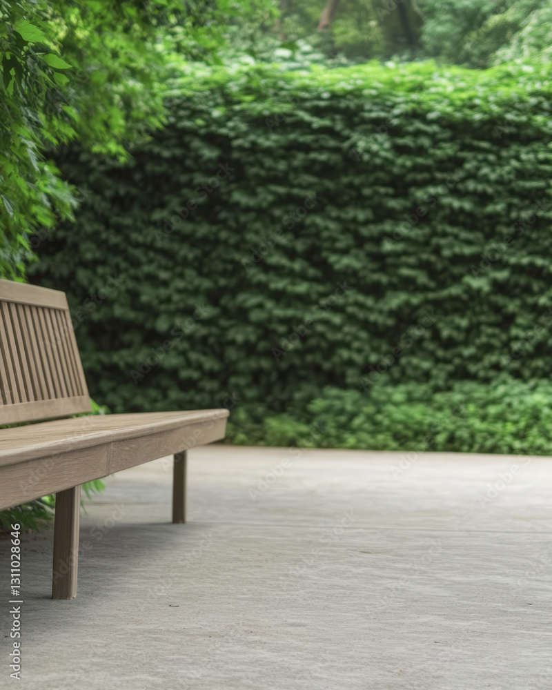 Fototapeta premium Wooden bench in serene garden oasis surrounded by lush greenery in a peaceful park