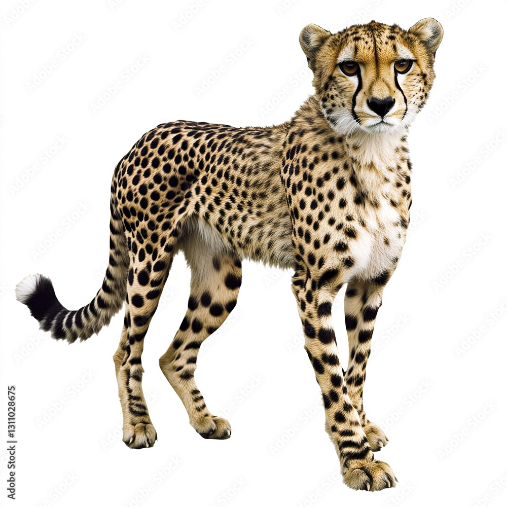 Cheetah standing on white background, showcasing its spotted fur Cheetah standing on white background, showcasing its spotted fur