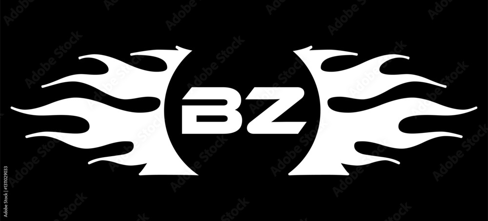 Futuristic abstract Logo with Fiery Flame Motif and Geometric 'BZ' Emblem, Black and White Artwork Futuristic abstract Logo with Fiery Flame Motif and Geometric 'BZ' Emblem, Black and White Artwork