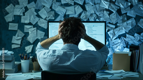 An overworked employee at a cluttered desk, head in hands, as countless emails flood their screen, capturing stress and burnout.
