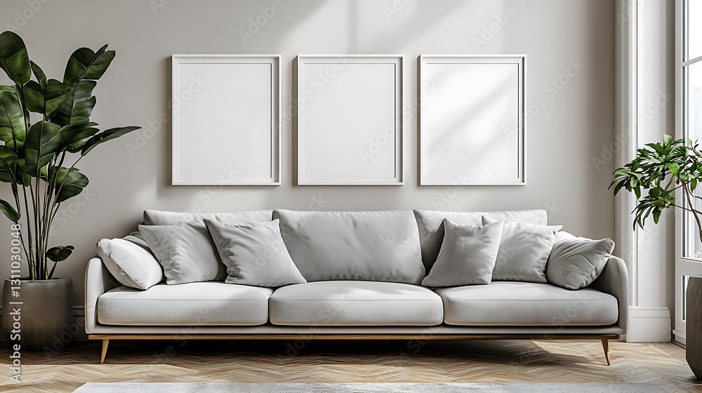 White picture frames on the wall, gallery-style, five blank photo frame mockups with white mats and glass, a modern living room with a grey sofa in front of them, light beige walls, and a wooden floor White picture frames on the wall, gallery-style, five blank photo frame mockups with white mats and glass, a modern living room with a grey sofa in front of them, light beige walls, and a wooden floor