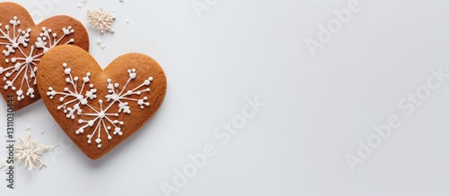 Heart-shaped gingerbread cookies with white icing snowflake designs on a light grey background, ideal for Valentine's Day gifting.