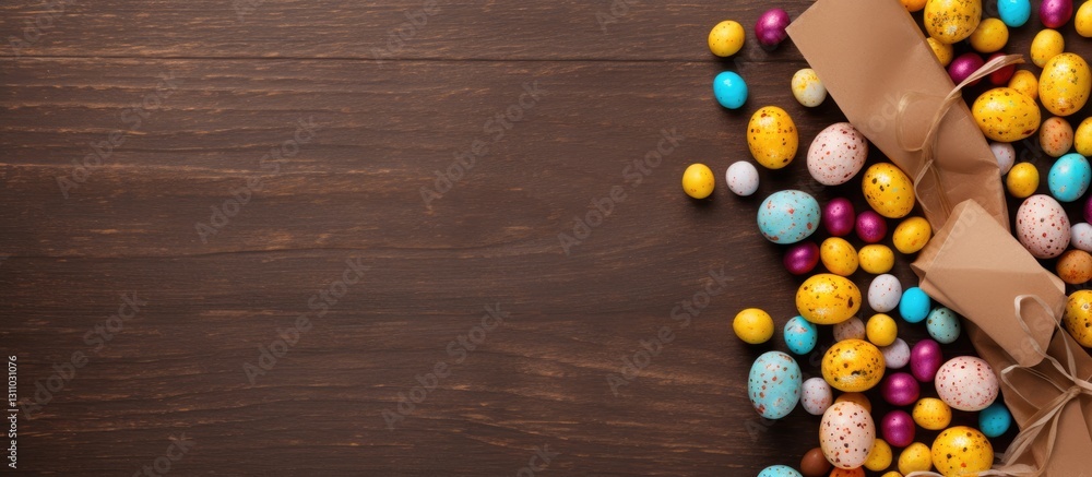 Obraz premium Colorful Easter eggs in pastel shades of blue pink and yellow scattered on a dark wooden background with brown paper bag accents for kids party decor