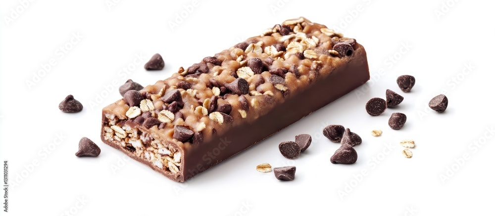 Fototapeta premium Chocolate protein bar with oats and chocolate chips on a white background, positioned centrally with scattered chocolate chips around it