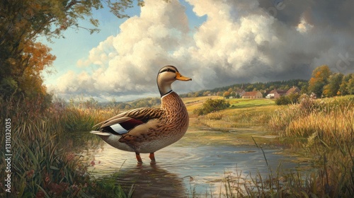 Wallpaper Mural 48.A Call Duck standing tall in a picturesque countryside, reflecting its historical journey from being a hunting breed to a cherished domestic companion, with nature as its backdrop. Torontodigital.ca