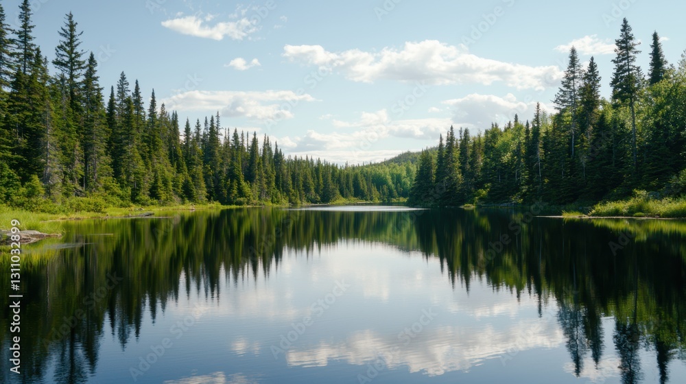 Lake surrounded by pine trees, with a mirrorlike surface and sunlight, reflecting a summer wilderness vista Lake surrounded by pine trees, with a mirrorlike surface and sunlight, reflecting a summer wilderness vista