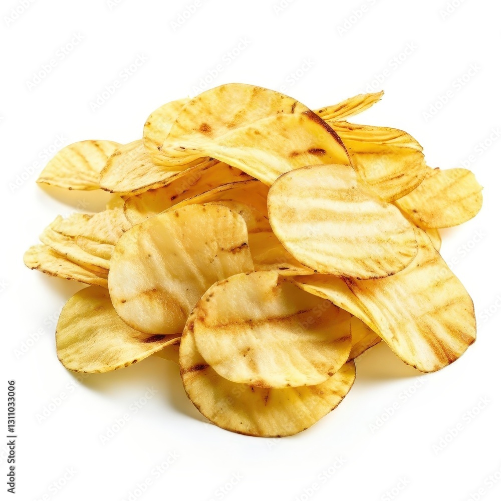 an AI Image Generator, Close-Up of Crispy Potato Chips on a White Background