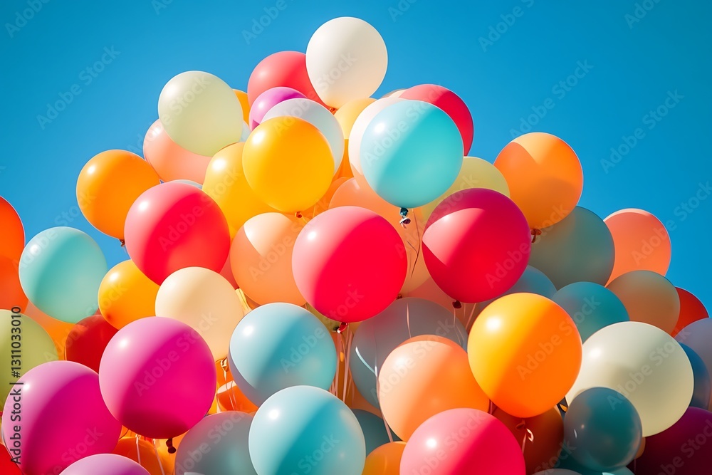 Colorful balloons bunch against a blue sky. Colorful balloons bunch against a blue sky.