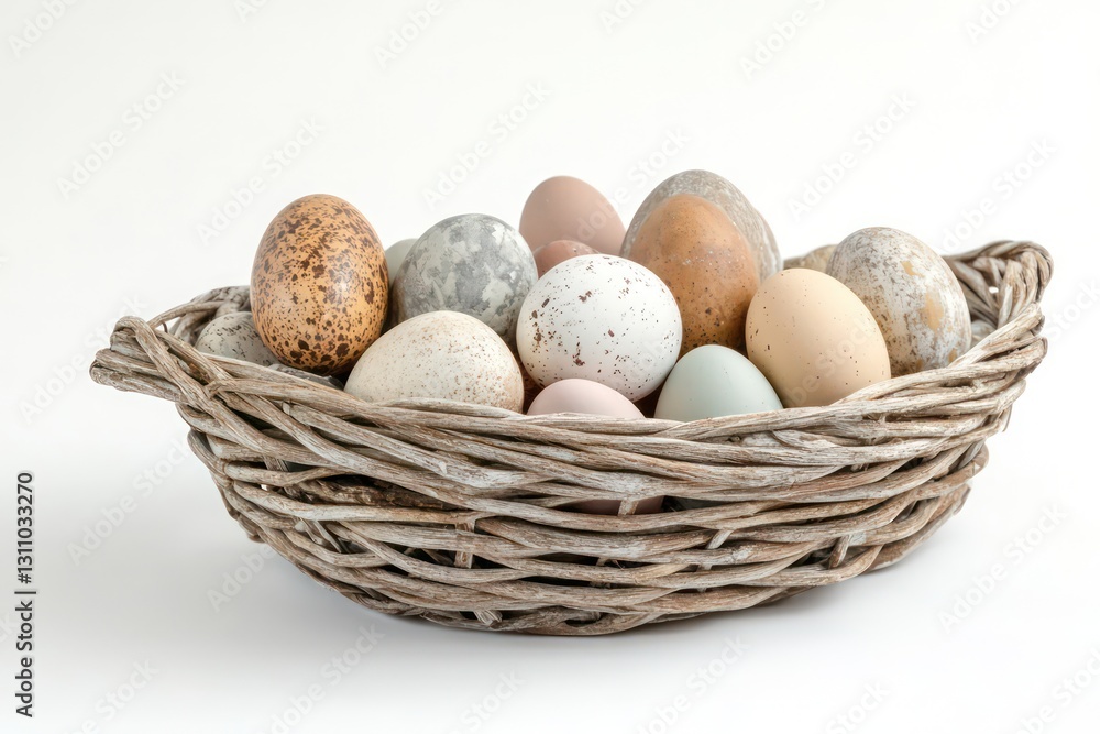 A close-up of a rustic basket filled with pastel-colored Easter eggs, delicate textures, high-resolution detail, clean white backdrop A close-up of a rustic basket filled with pastel-colored Easter eggs, delicate textures, high-resolution detail, clean white backdrop
