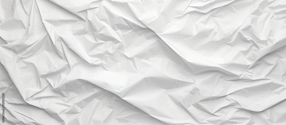 Obraz premium Crumpled white paper texture close-up top view featuring dense folds and soft shadows creating an elegant backdrop for copy space