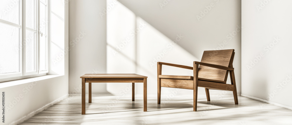 Fototapeta premium Contemporary wooden furniture in a well-lit minimalist living space