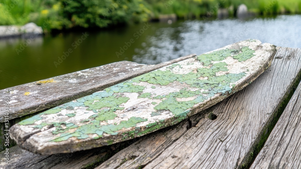 A weathered wooden board with green and white paint rests on a wooden dock. A weathered wooden board with green and white paint rests on a wooden dock.