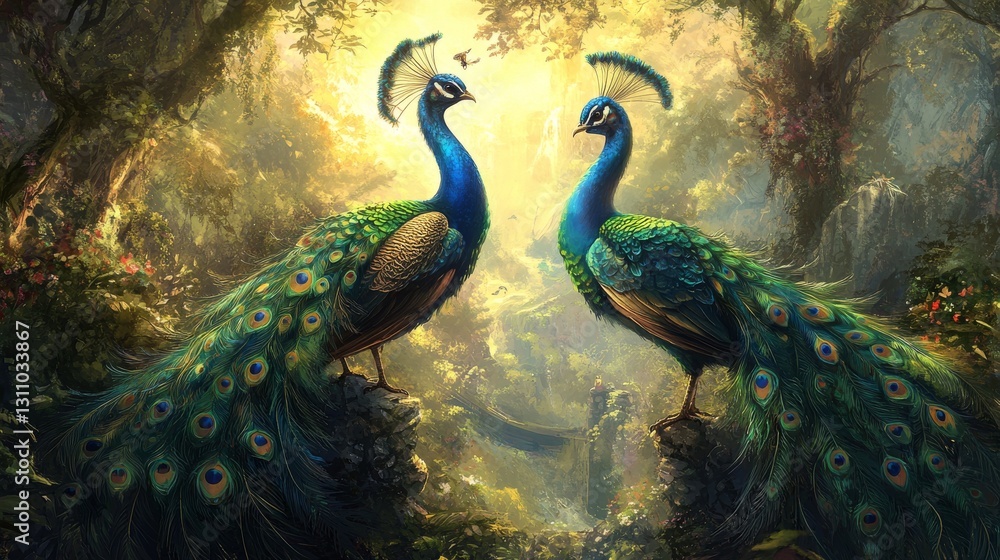 Naklejka premium 68.A stunning image of two peacocks standing proudly, their wings fully spread in vibrant colors of blue, green, and gold, capturing the majestic beauty of the birds against a natural backdrop.