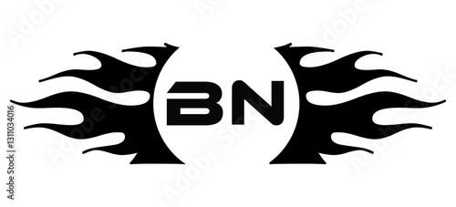 Futuristic abstract Logo with Fiery Flame Motif and Geometric 'BN' Emblem, Black and White Artwork