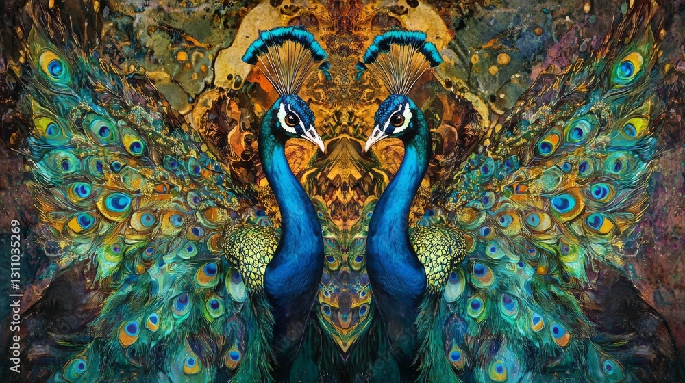 Obraz premium 83.An eye-catching image of two peacocks with their wings extended, showing off their beautiful and elaborate plumage in rich hues of blue, green, and gold, captured in vivid detail against a natural