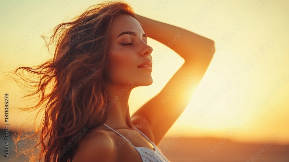 Fototapeta premium Natural and elegant: The soft glow of the setting sun shines on the model, adding a golden glow to her image