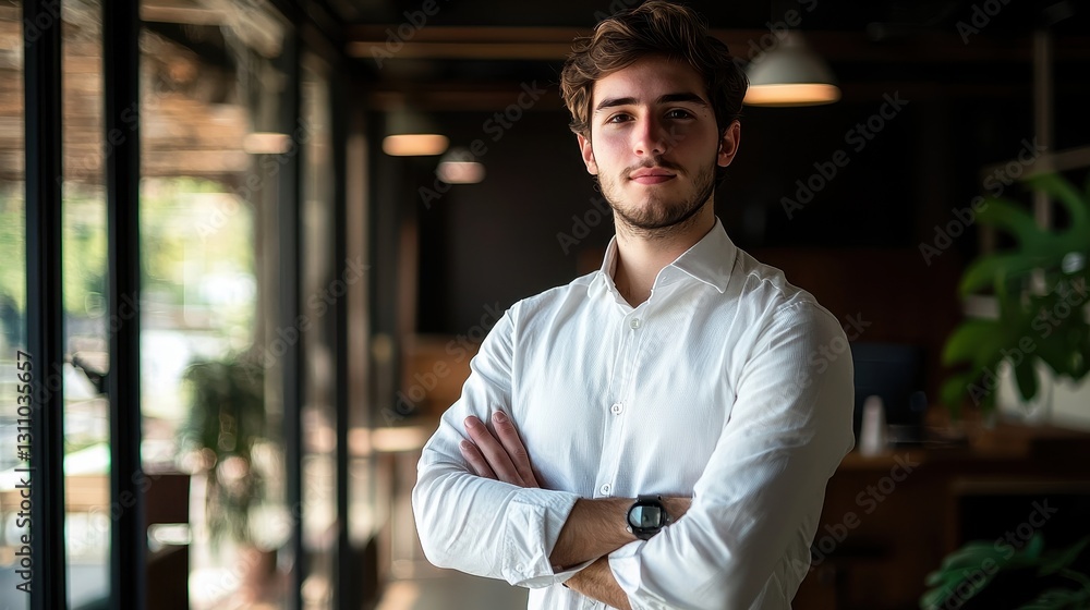 A young entrepreneur standing confidently in a modern coworking space, arms crossed, natural sunlight streaming in